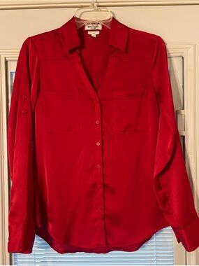 Express Vibrant Red Button-Down Blouse Slim Style